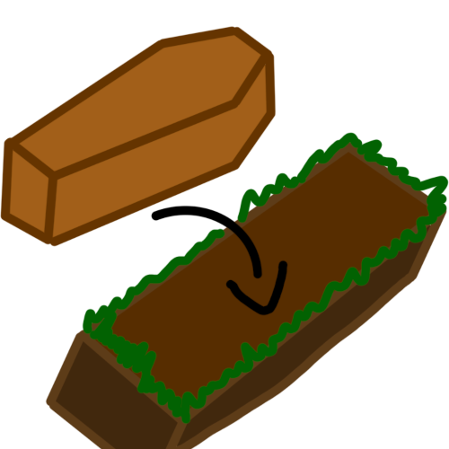 A simple drawing of a wooden casket next to a hole in the ground. The hole is just a brown rectangle with a border of green squiggles to represent grass around it. There is an arrow pointing from the casket to the hole.